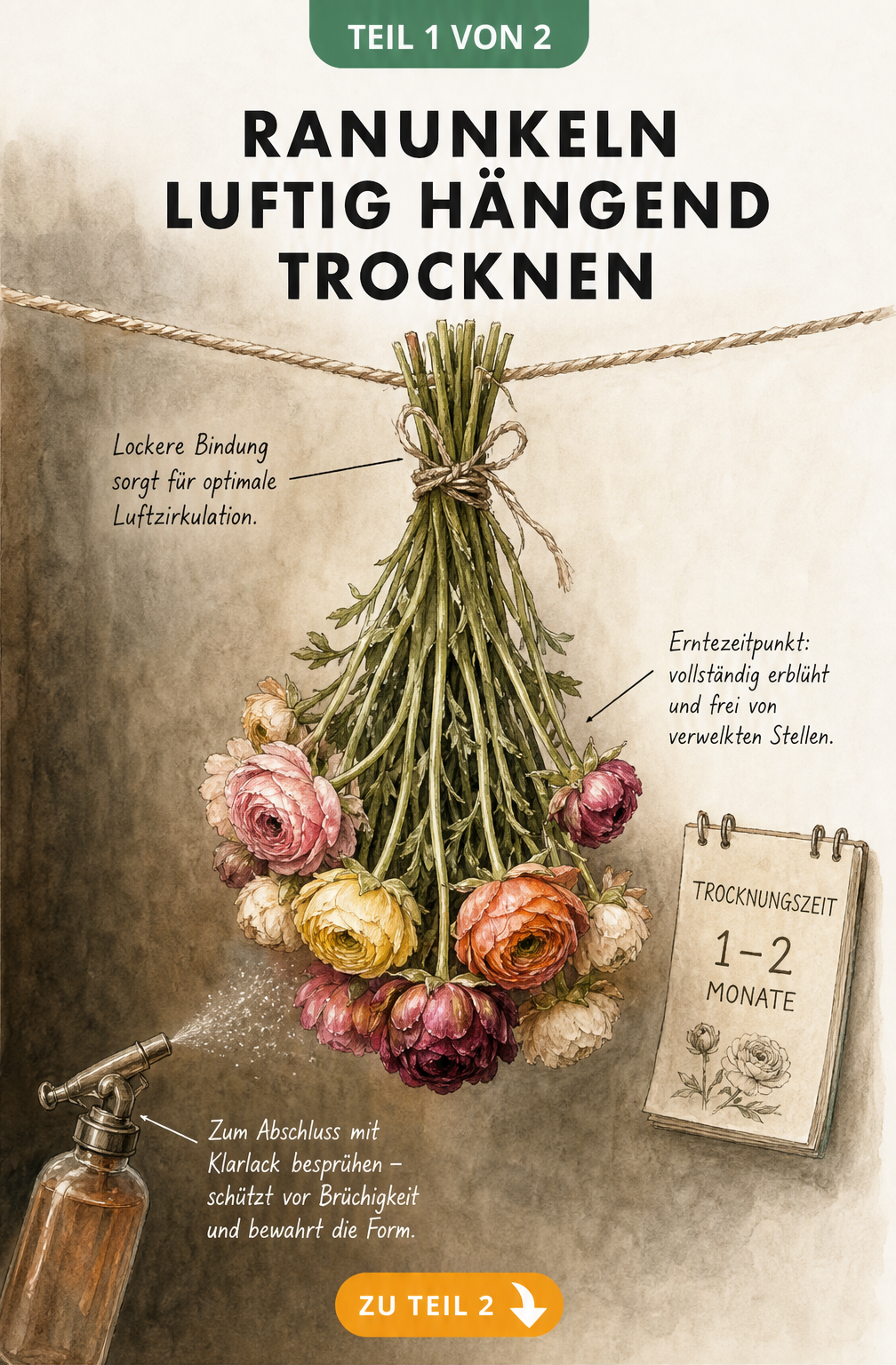 Botanische Illustration eines Ranunkel-Bündels, das kopfüber an einer Schnur zum Trocknen hängt.