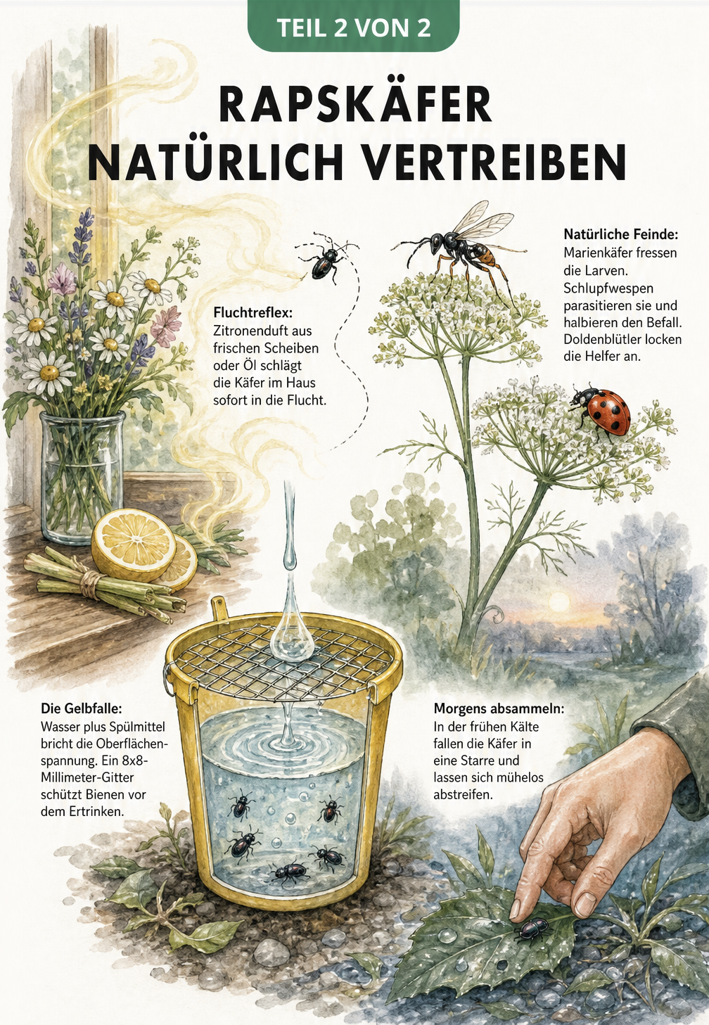 Illustration zur natürlichen Bekämpfung von Rapskäfern mit Zitronenduft, Wasserfallen und Nützlingen