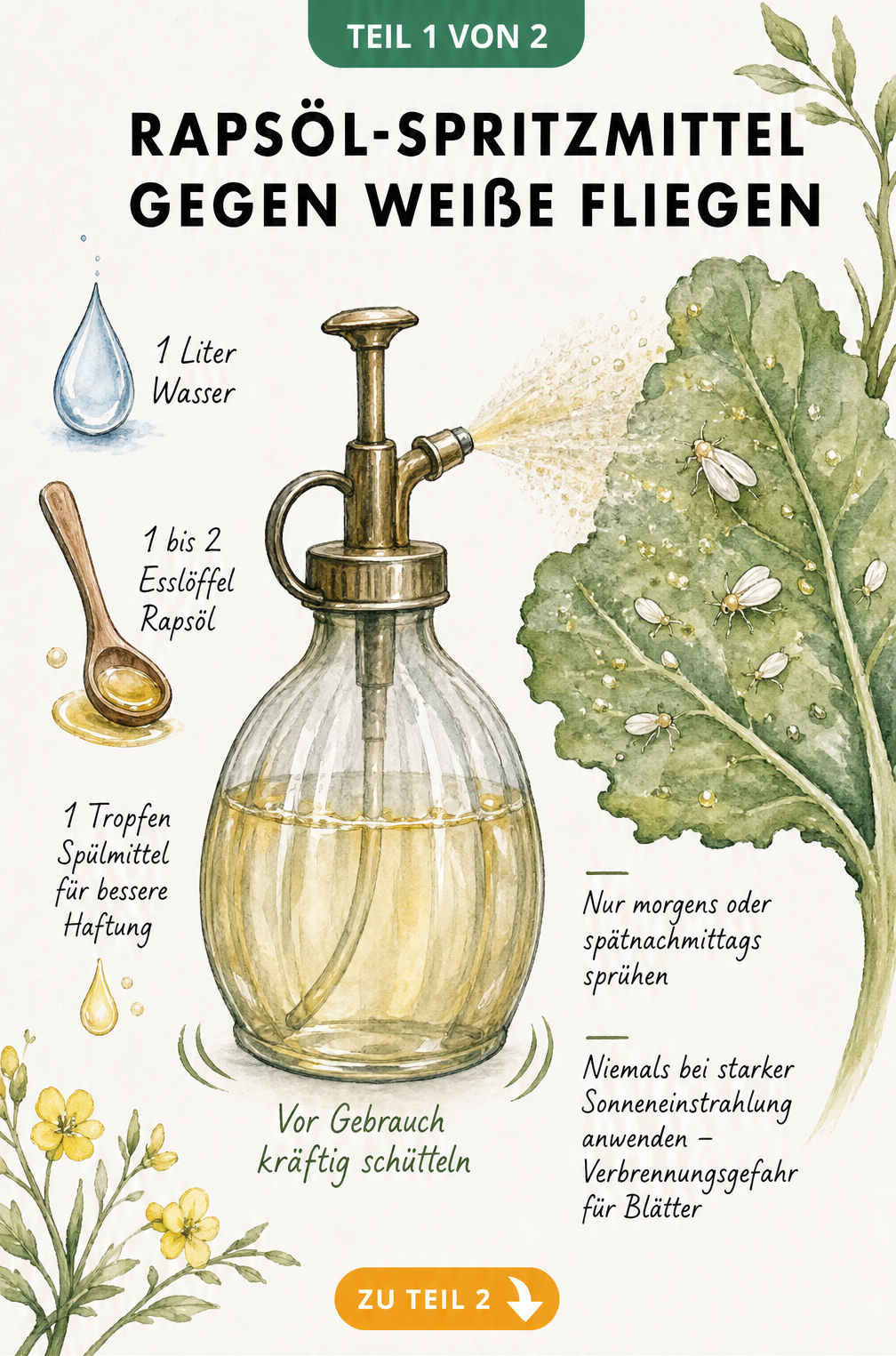 Illustration einer Sprühflasche mit Rapsöl-Mischung gegen Weiße Fliegen auf einem Pflanzenblatt