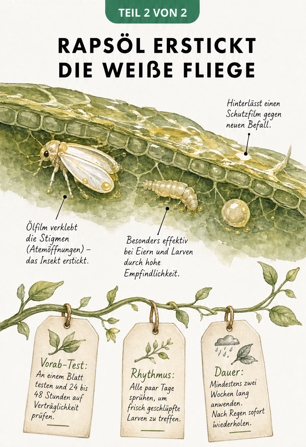 Makro-Illustration eines Pflanzenblattes mit Weißen Fliegen, die von einem Rapsölfilm überzogen sind