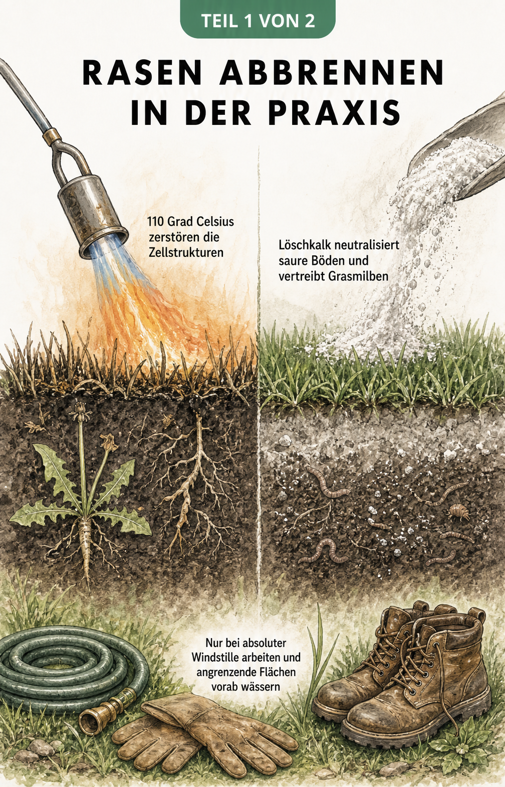 Illustration von thermischem Abflämmen und Kalkabbrennen auf einer Rasenfläche