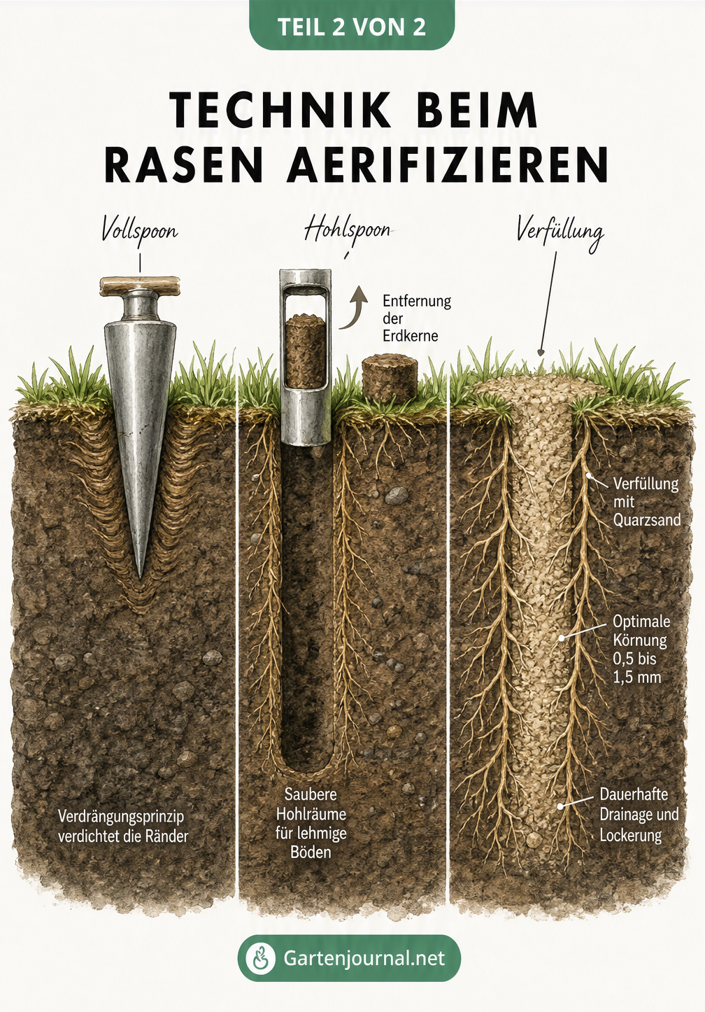 Schnittzeichnung der Technik beim Rasen aerifizieren mit Vollspoon, Hohlspoon und der Verfüllung mit Quarzsand.