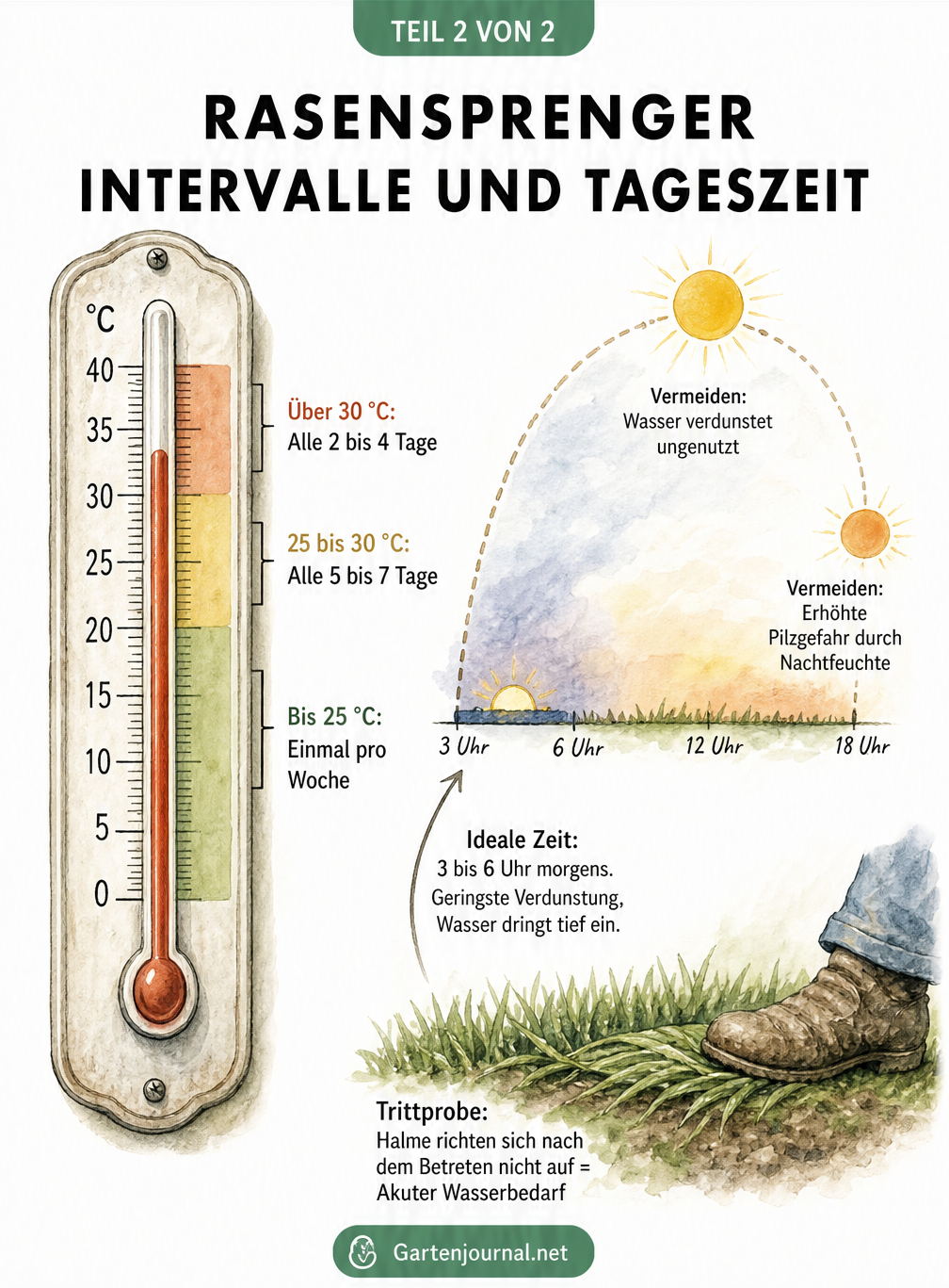 Illustration eines Thermometers mit Gießintervallen nach Temperatur und einer Sonnenbahn, die die ideale Tageszeit zum Rasensprengen zeigt.