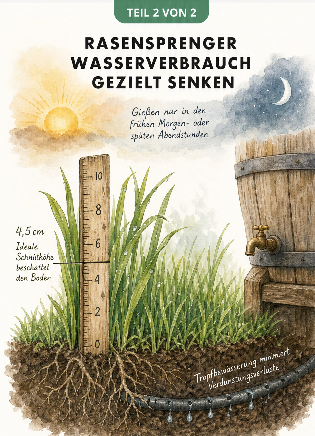 Illustration von Grashalmen mit Zollstock bei 4,5 cm Schnitthöhe, Morgensonne, Mondsichel und Tropfbewässerung durch Perlschlauch.