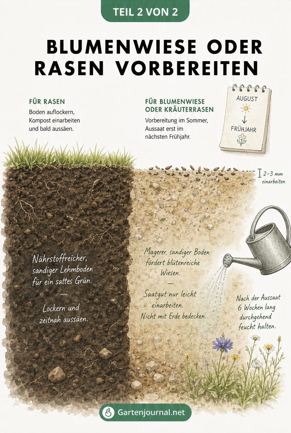 Vergleich der Bodenvorbereitung für klassischen Rasen und Blumenwiese