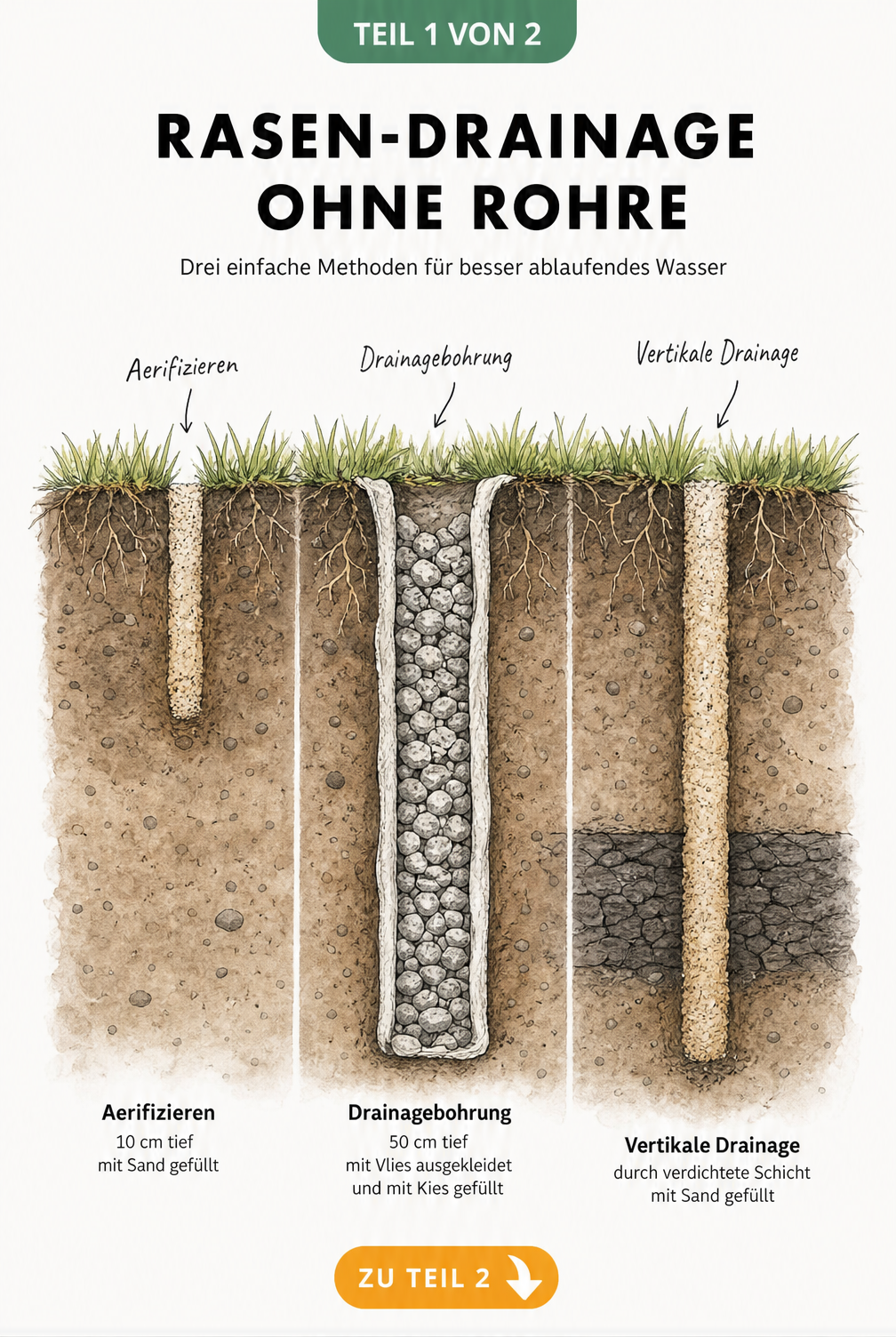Querschnitt von drei Methoden zur Rasen-Drainage ohne Rohre: Aerifizieren, Drainagebohrung und vertikale Drainage im Boden