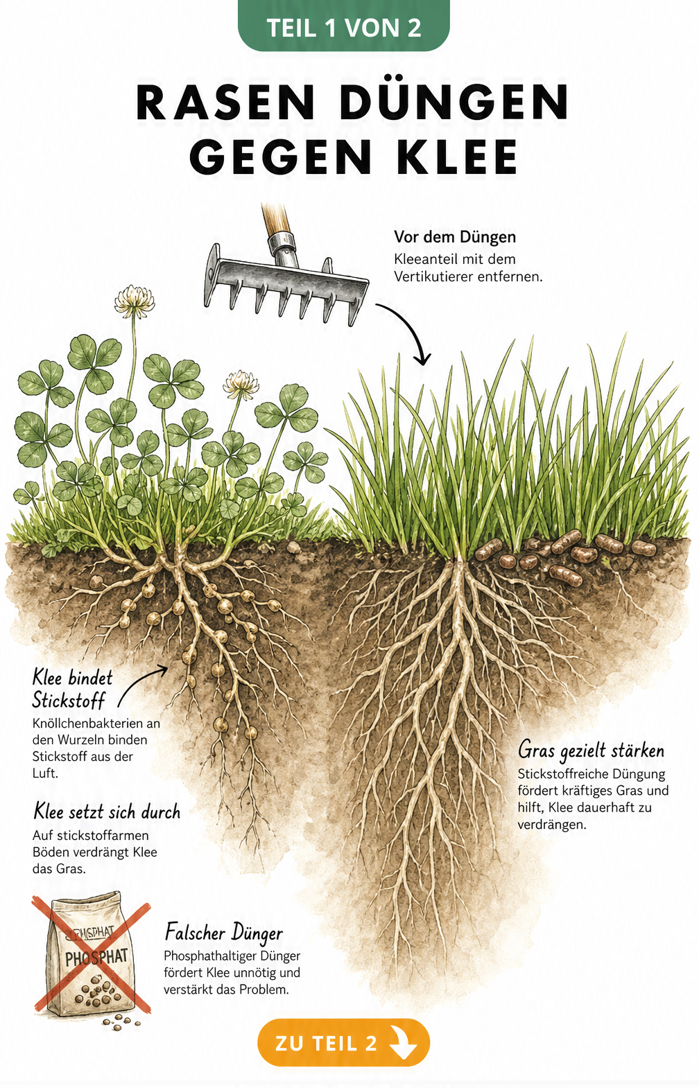 Querschnitt eines Gartenbodens: Links verdrängt Klee auf stickstoffarmem Boden das Gras, rechts wächst dichtes Gras durch gezielte Stickstoffdüngung mit...