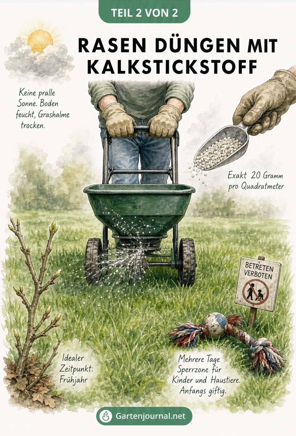 Illustration einer Person, die mit einem Streuwagen Kalkstickstoff auf dem Rasen verteilt, umgeben von Tipps zur Anwendung.