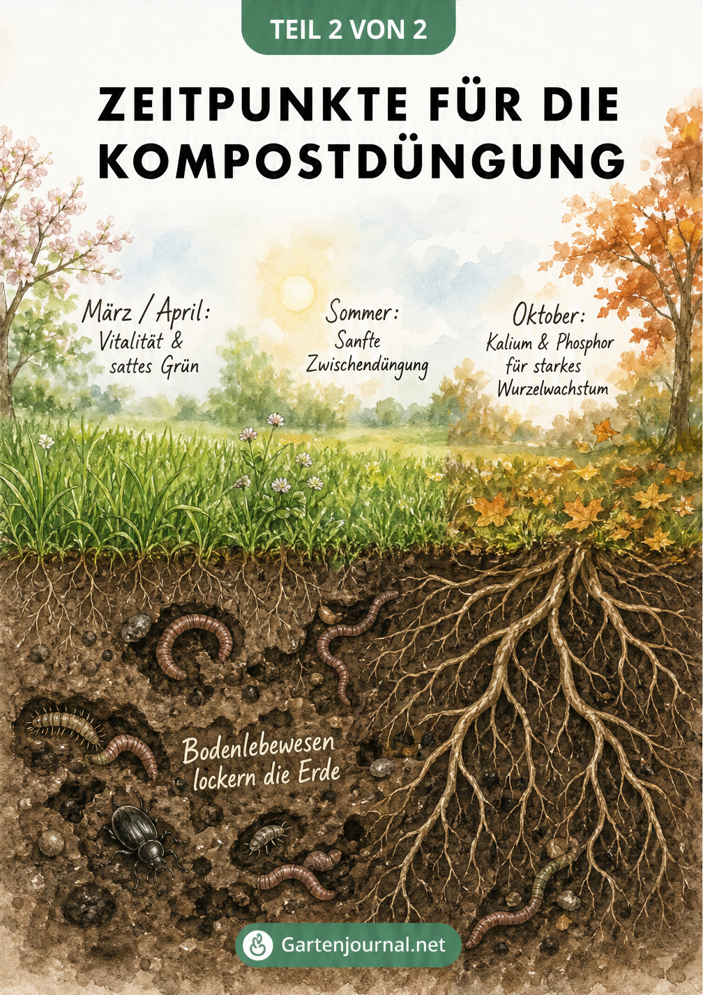 Illustration der Rasenentwicklung im Jahresverlauf mit Fokus auf Wurzelwachstum und Bodenlebewesen
