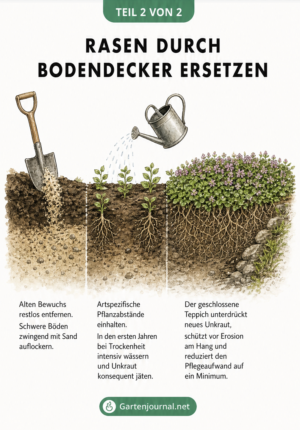 Schnittbild der Bodenentwicklung beim Pflanzen von Bodendeckern als Rasenersatz