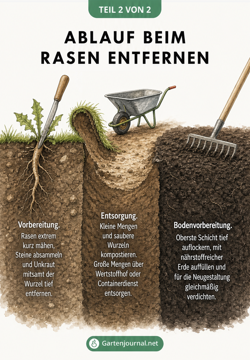 Querschnitt des Bodens, der die Schritte beim Rasenentfernen zeigt: Vorbereitung, Entsorgung der Grasnarbe und Bodenvorbereitung für die Neugestaltung.
