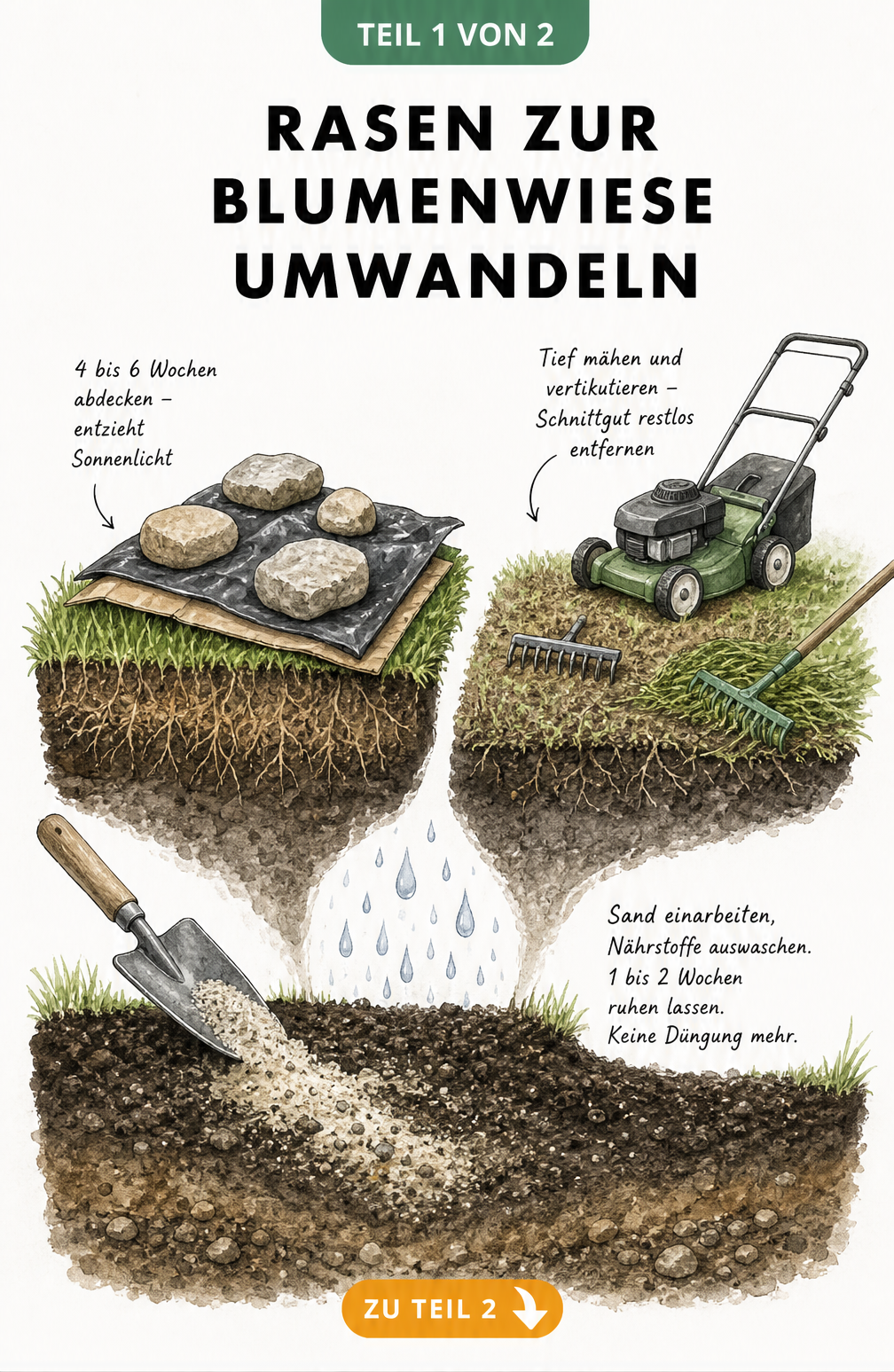 Illustration zweier Methoden zur Rasenentfernung: Abdecken mit Pappe und Folie sowie tiefes Mähen und Vertikutieren, gefolgt vom Einarbeiten von Sand zur...