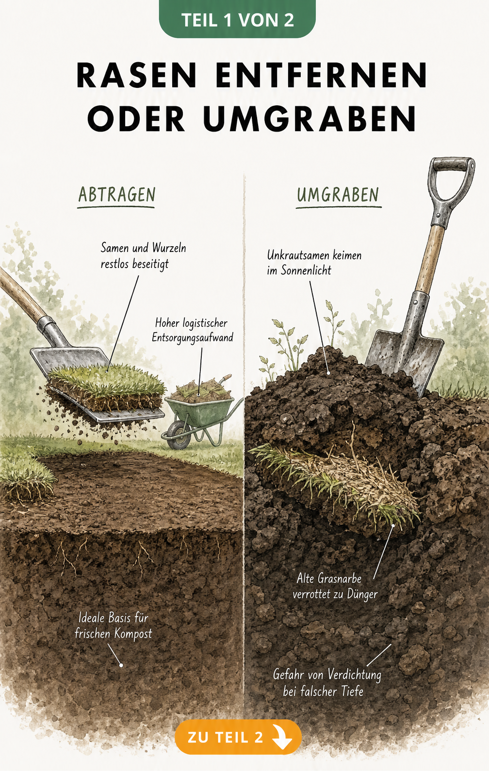 Querschnitt durch Gartenboden: Vergleich zwischen Rasen abtragen und umgraben