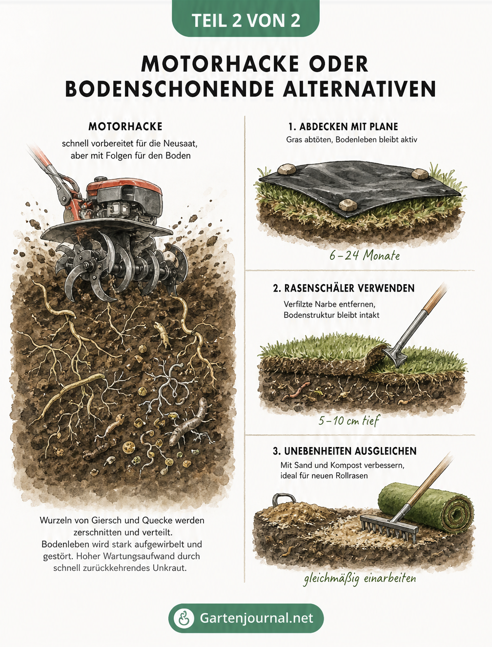 Querschnittszeichnung des Bodens: Links die Auswirkungen einer Motorhacke, rechts bodenschonende Alternativen wie Abdeckplane, Rasenschäler und...