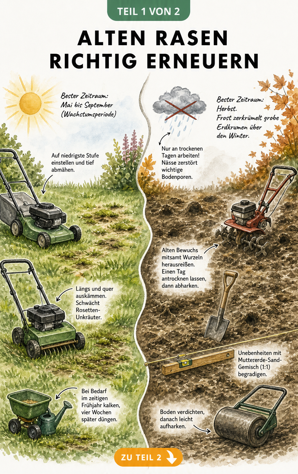 Illustration zur Rasenerneuerung: Leichte Schäden mit Vertikutierer behandeln und schwere Schäden durch Umgraben und Begradigen beheben.