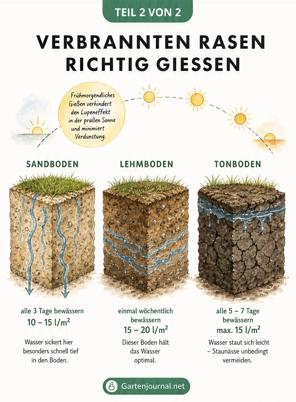 Illustration von Sandboden, Lehmboden und Tonboden mit Gießregeln für verbrannten Rasen