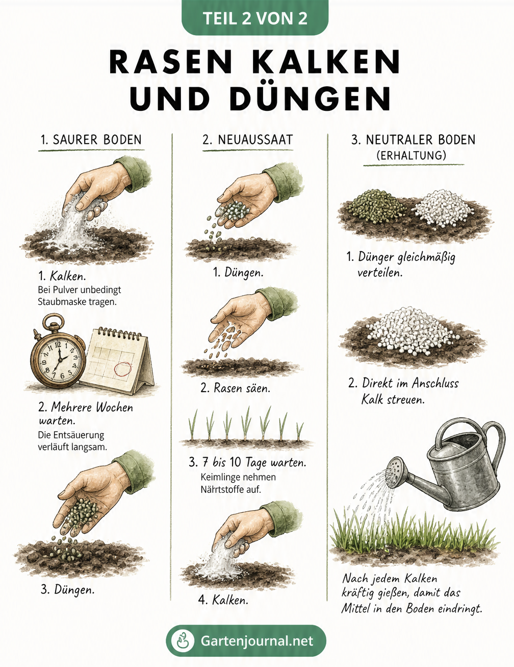 Dreispaltige Übersicht zur Reihenfolge von Rasen kalken und düngen bei saurem Boden, Neuaussaat und neutralem Boden.