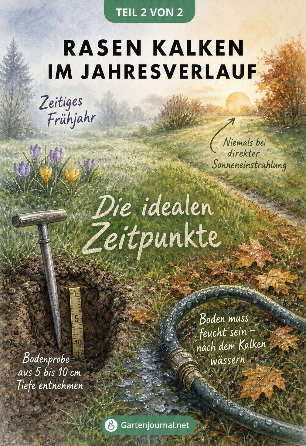 Illustration einer Gartenlandschaft, die das zeitige Frühjahr und den Herbst als ideale Zeitpunkte zum Rasenkalken zeigt, inklusive Bodenprobe und Wässern.