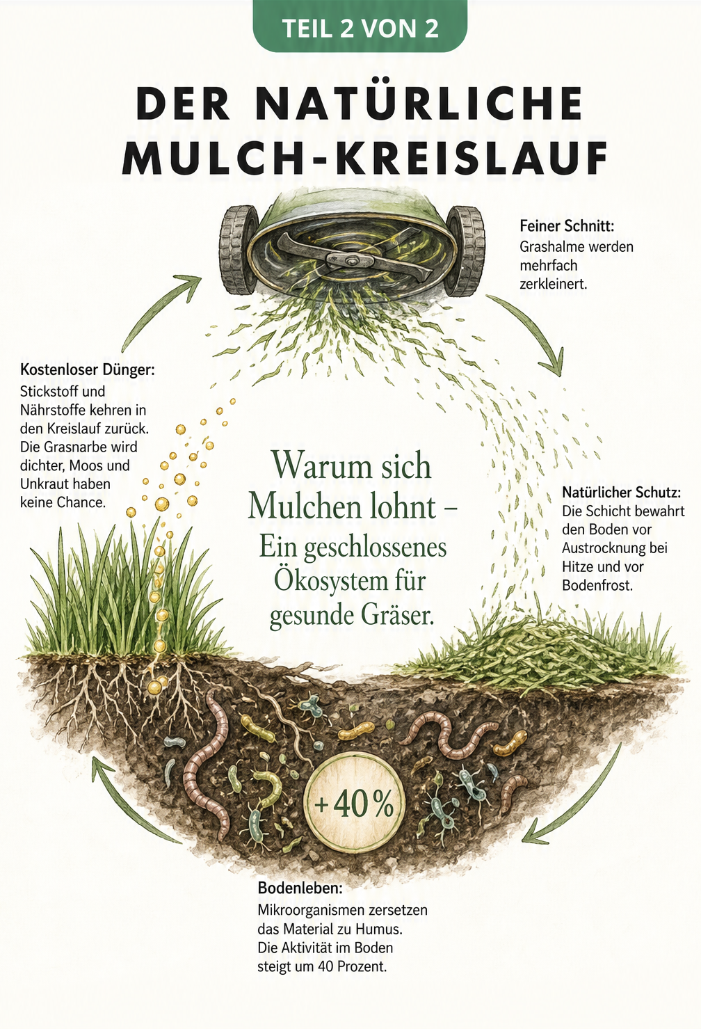 Kreislauf-Grafik, die zeigt, wie zerkleinerter Rasenschnitt den Boden schützt, von Mikroorganismen zersetzt wird und als natürlicher Dünger dient.