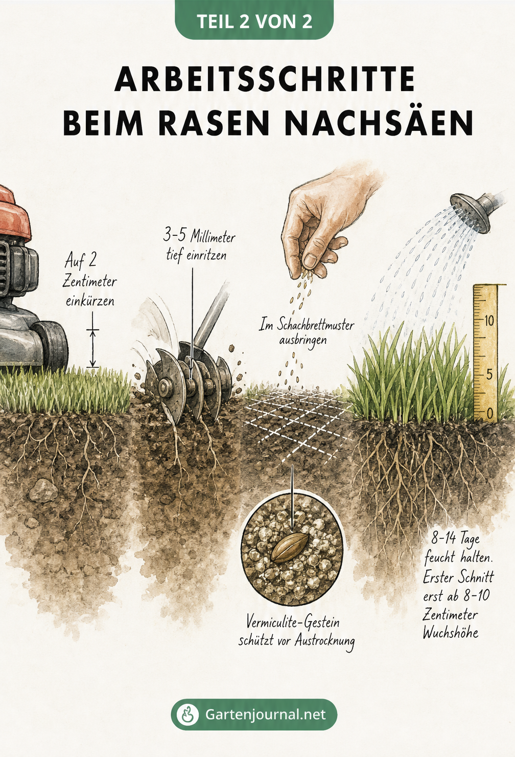 Zeichnung der Arbeitsschritte beim Rasen nachsäen: Mähen, Vertikutieren, Säen und Wässern