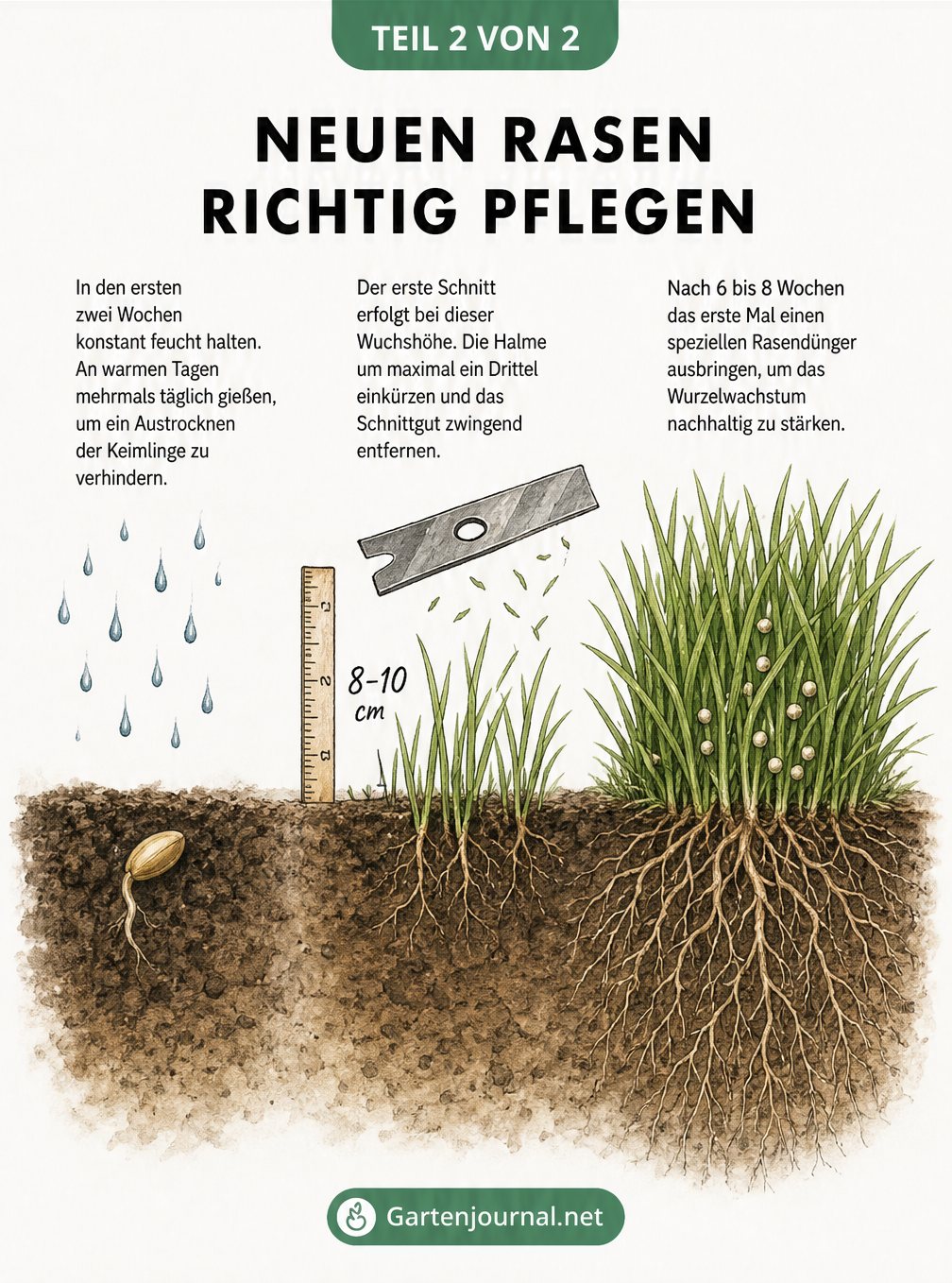 Wachstumsphasen von Rasen vom Samen bis zum kräftigen Halm mit Hinweisen zu Bewässerung, Schnitt und Düngung