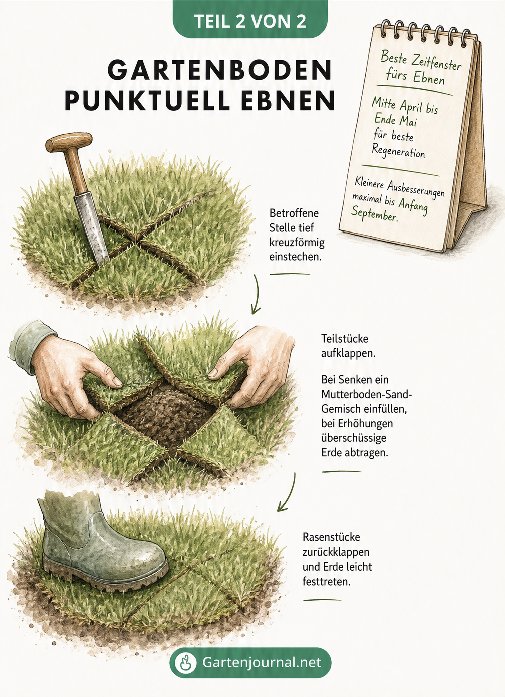 Illustration zum punktuellen Ebnen von Rasen: Grasnarbe kreuzförmig einschneiden, aufklappen, Erde auffüllen oder abtragen und wieder festtreten.