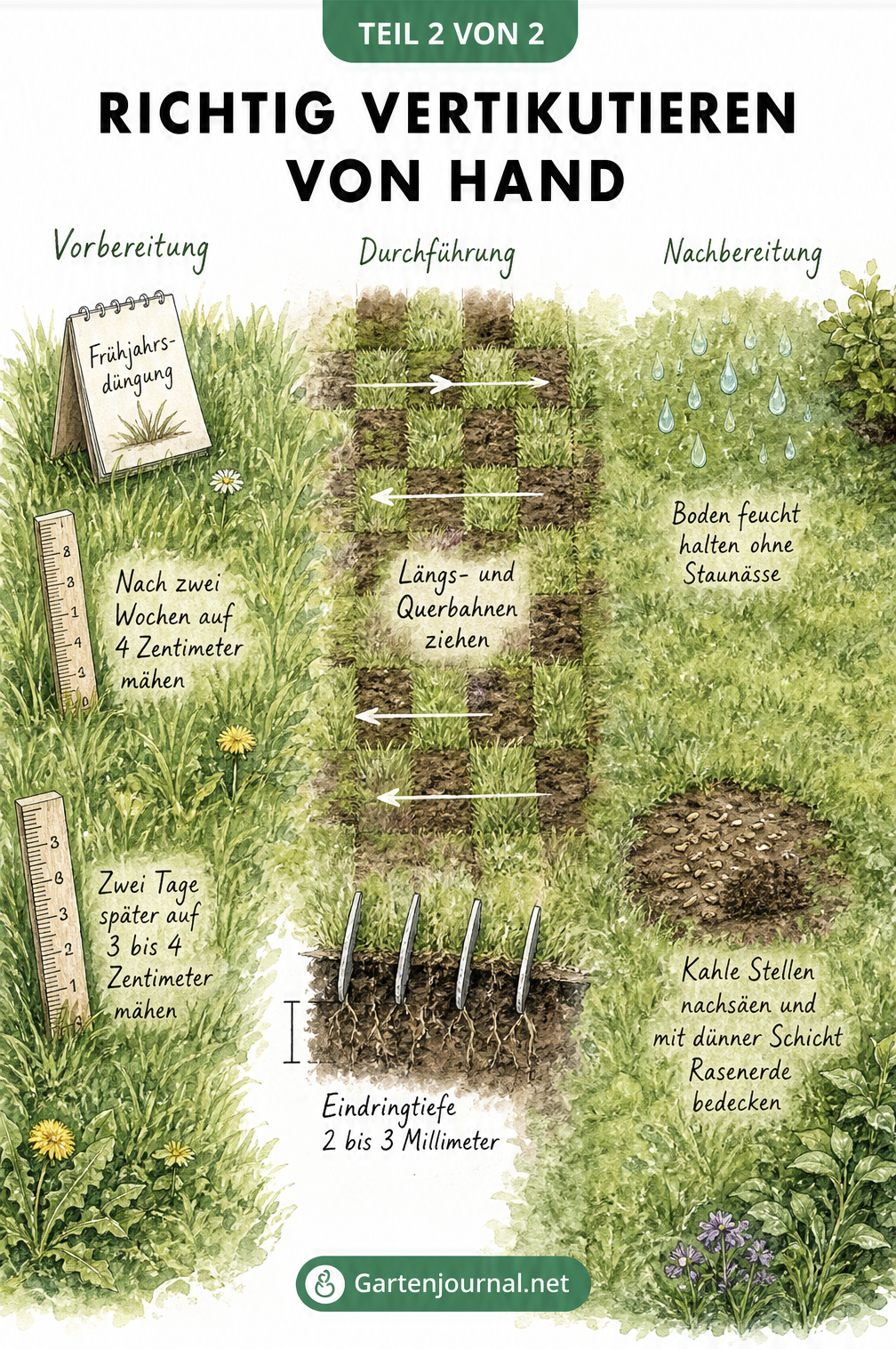 Aquarell-Illustration der drei Phasen beim Vertikutieren: Vorbereitung, Durchführung im Schachbrettmuster und Nachbereitung