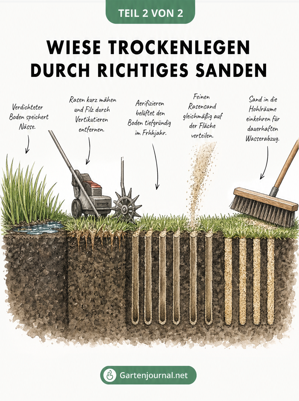 Illustration des Sandens einer Wiese in 5 Schritten: Mähen, Vertikutieren, Aerifizieren, Sand verteilen und einkehren.