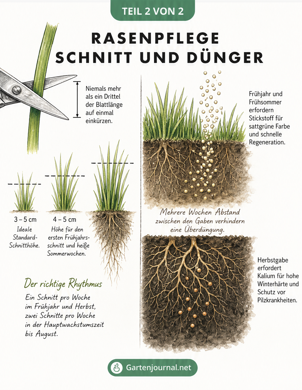 Botanischer Querschnitt von Grashalmen und Wurzeln mit Erklärungen zu Schnitthöhe und Düngung