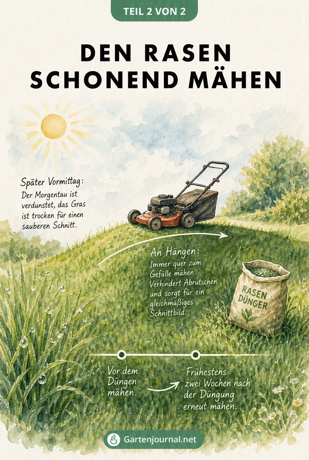 Malerische Landschaft mit Rasenmäher am Hang, Sonne und Düngersack, die Tipps zum schonenden Rasenmähen illustriert.