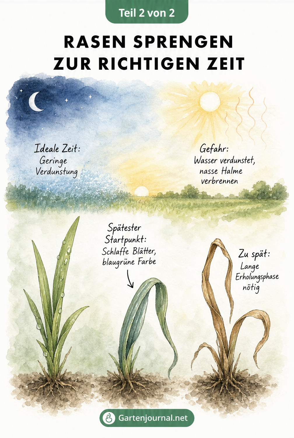 Illustration des Tagesverlaufs und Grashalmen, die den idealen Zeitpunkt zum Rasensprengen zeigen