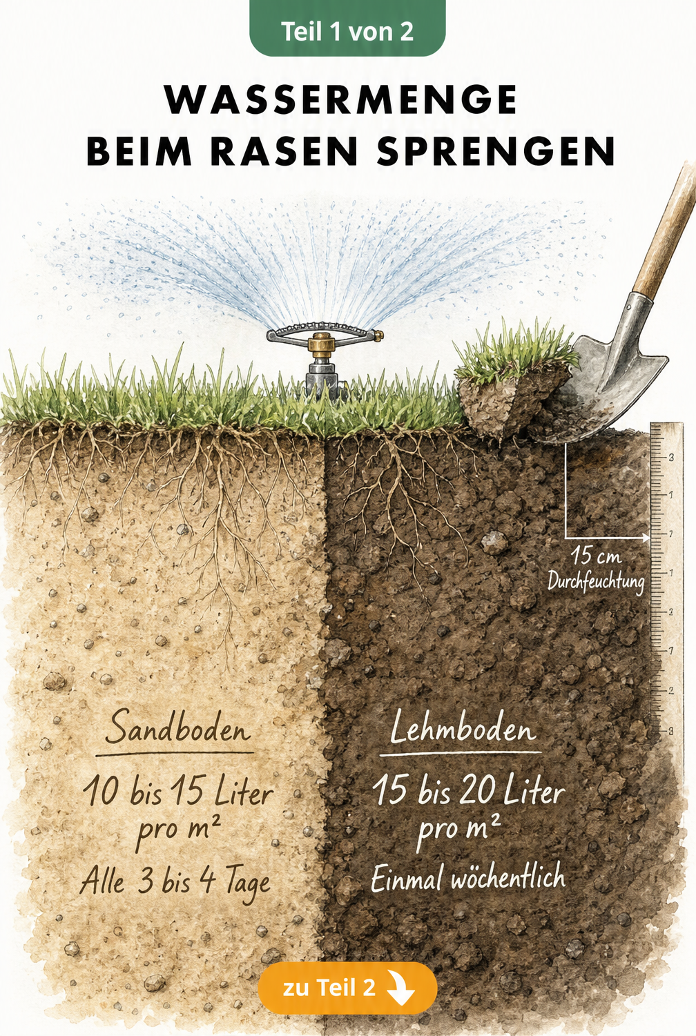 Schnittzeichnung von Sand- und Lehmboden mit Rasensprenger und Maßangaben zur Wassermenge