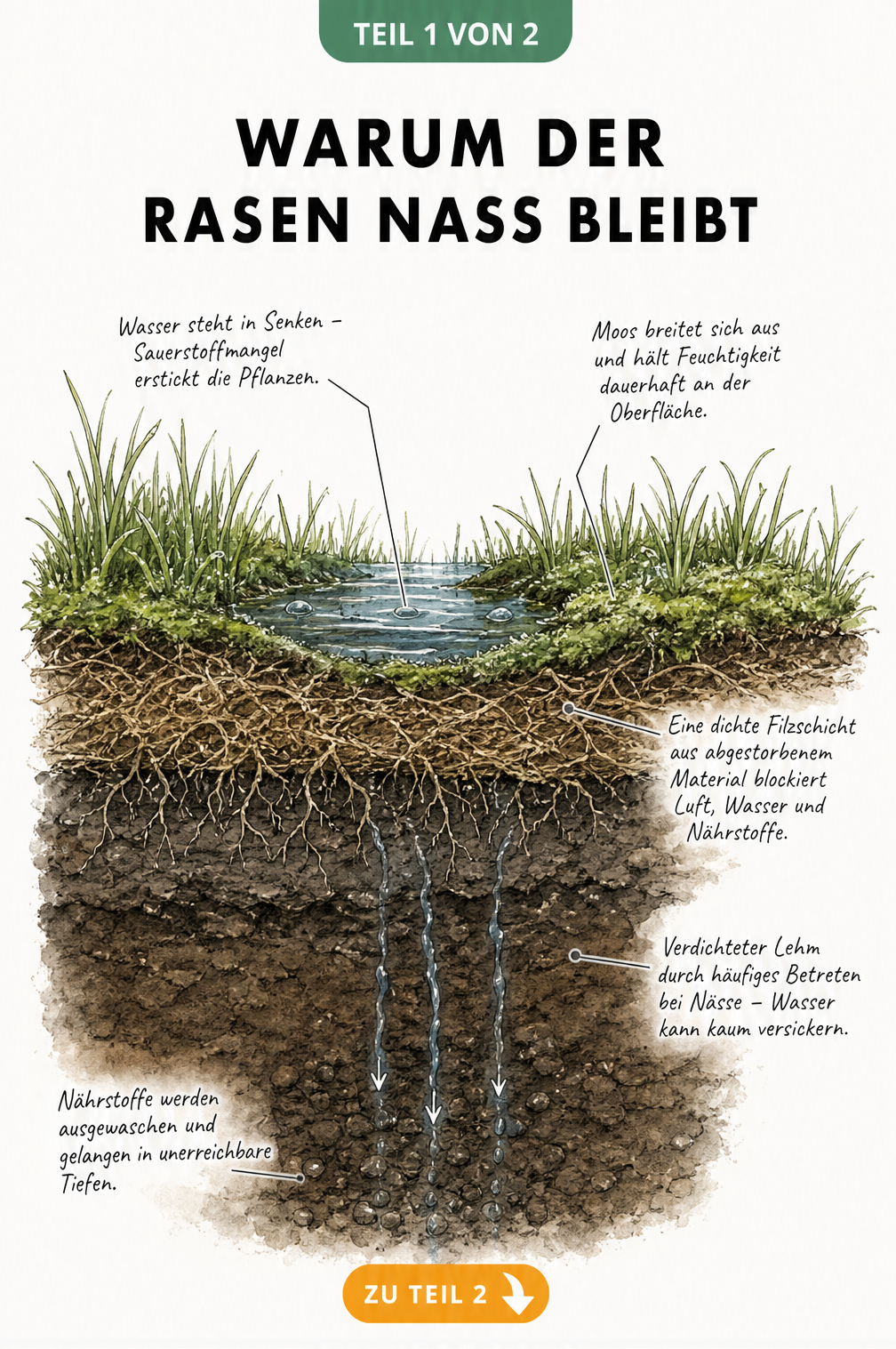 Querschnitt eines Rasens mit Staunässe, Moos, Rasenfilz und verdichteter Lehmschicht
