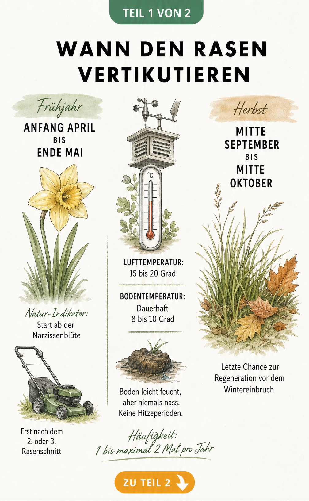 Illustration eines Kalenderblatts mit den idealen Zeiträumen und Wetterbedingungen zum Rasen vertikutieren im Frühjahr und Herbst