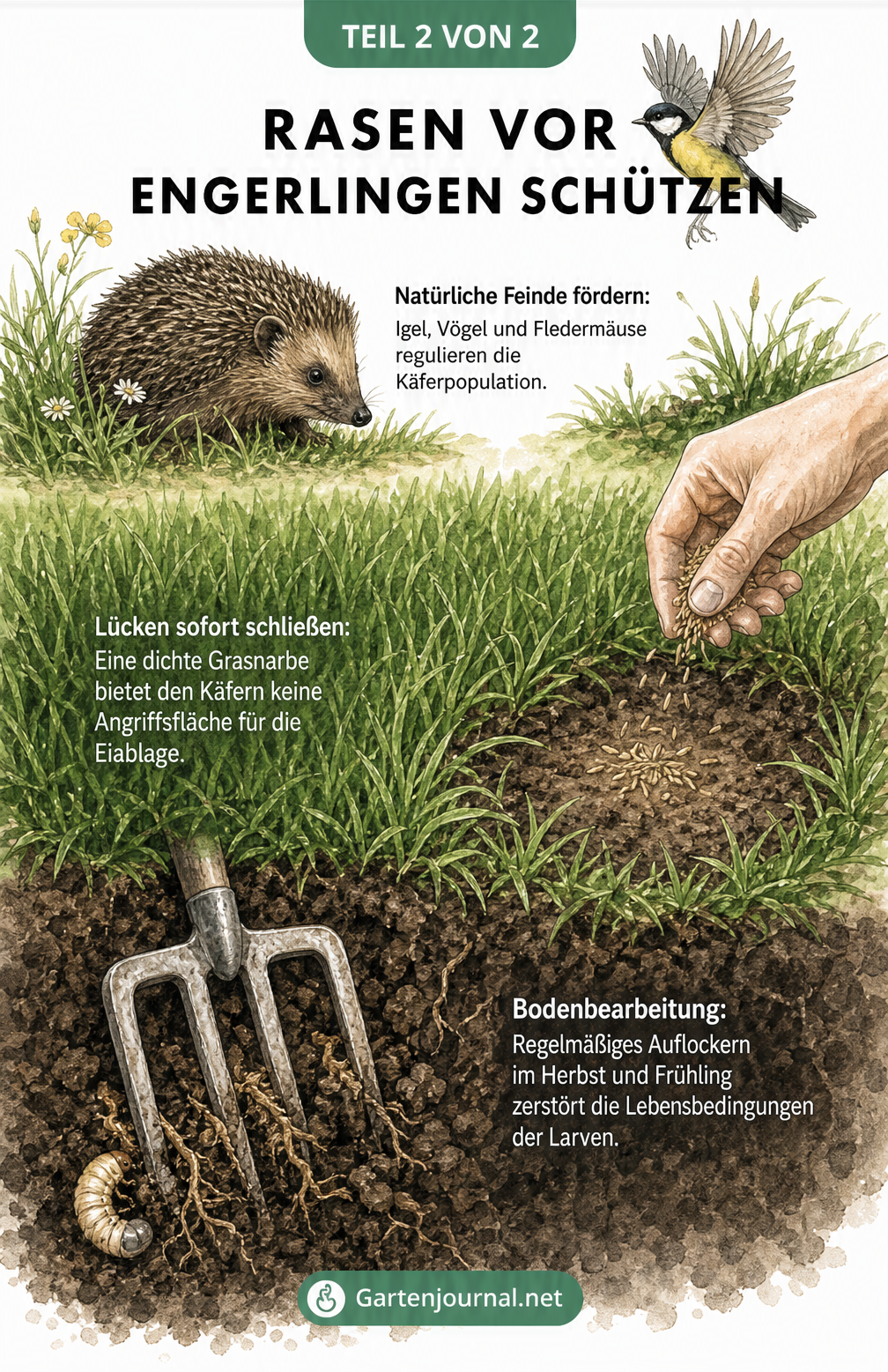 Illustration eines Gartens mit Maßnahmen zum Schutz vor Engerlingen: Förderung natürlicher Feinde wie Igel, Schließen von Rasenlücken und Bodenbearbeitung.