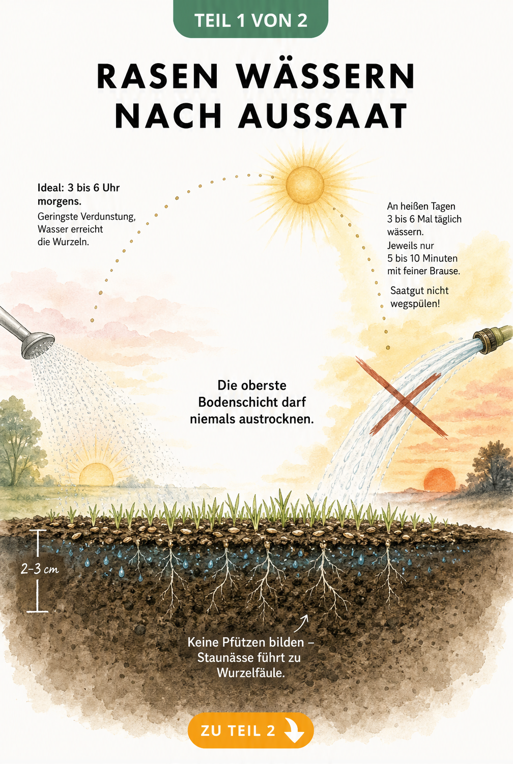 Illustration eines Bodenquerschnitts mit frisch gekeimten Grassamen, die morgens mit feinem Sprühnebel bewässert werden.