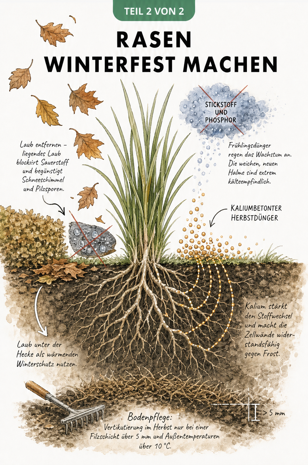 Querschnitt einer Rasenpflanze im Herbst, der die Wirkung von kaliumbetontem Herbstdünger und die Gefahren von liegendem Laub zeigt