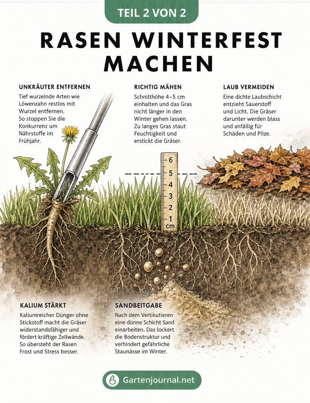 Querschnitt durch einen Rasen, der Unkrautentfernung, Schnitthöhe, Laubentfernung und Herbstdüngung für den Winter zeigt