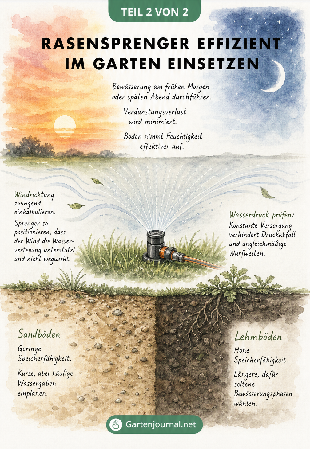 Querschnitt-Illustration eines Gartens mit Tipps zur effizienten Rasenbewässerung je nach Tageszeit, Wind und Bodenart