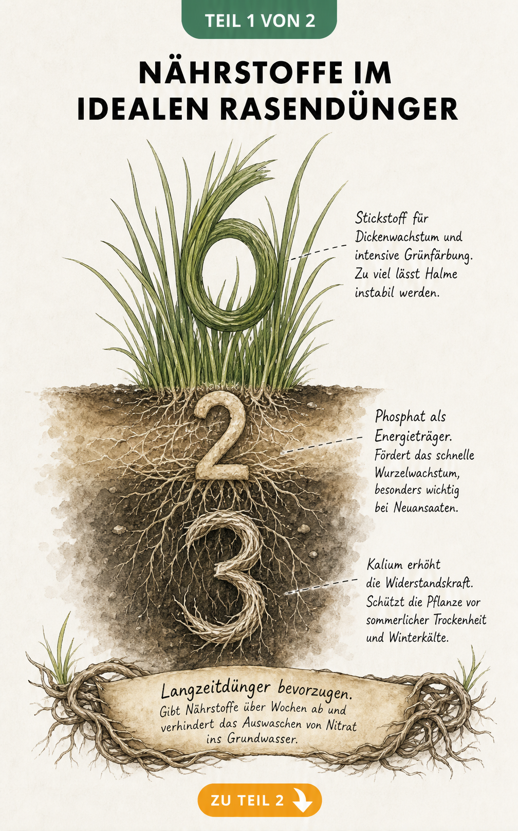 Botanische Illustration einer Graspflanze mit Wurzelgeflecht und dem idealen Nährstoffverhältnis 6:2:3 für Rasendünger