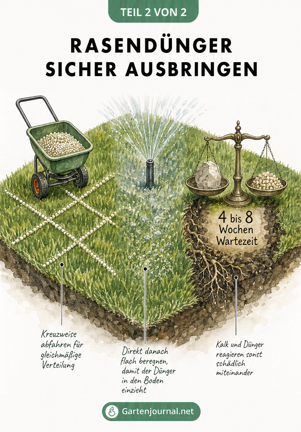 Anleitung zum sicheren Ausbringen von Rasendünger mit Streuwagen und anschließender Bewässerung
