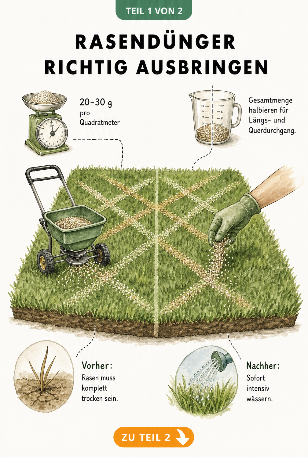 Illustration zur richtigen Ausbringung von Rasendünger mit Streuwagen und Hand im Kreuzgang-Muster