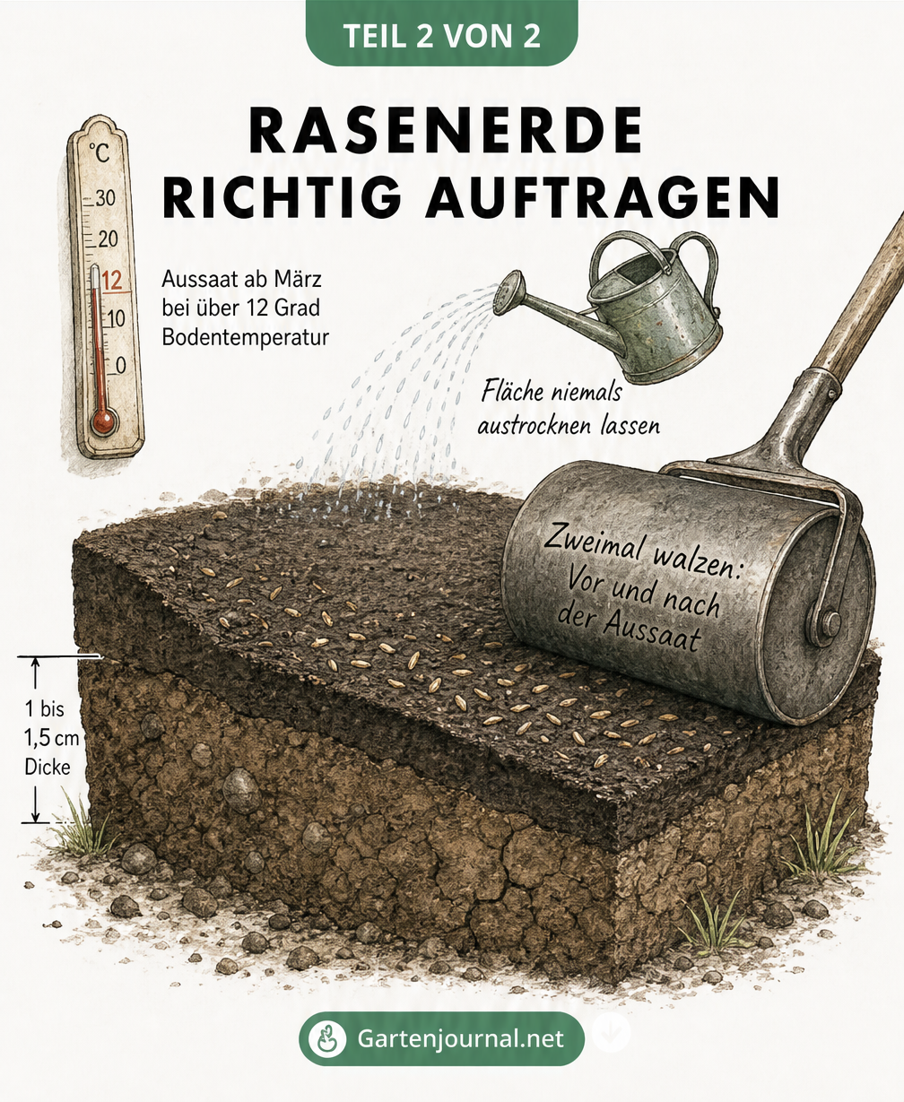 Querschnitt durch den Boden beim Auftragen von Rasenerde mit Gartenwalze und Gießkanne