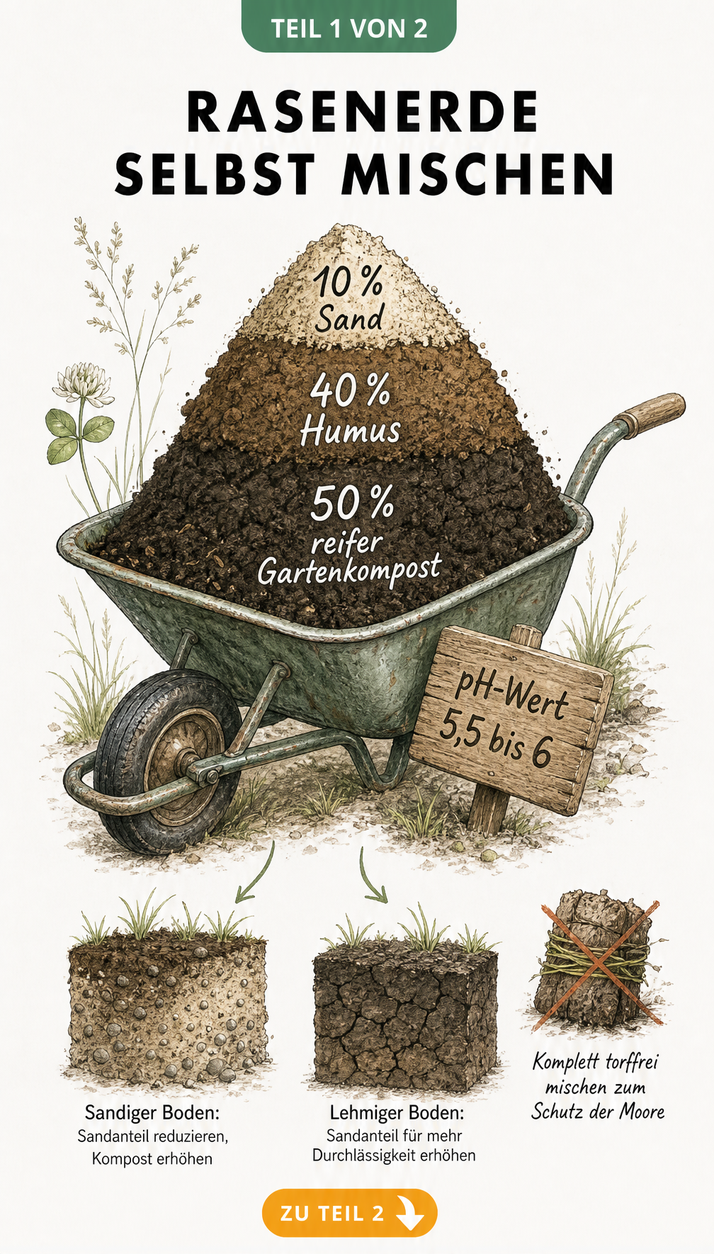 Illustration einer Schubkarre mit den drei Schichten für selbstgemischte Rasenerde: Kompost, Humus und Sand