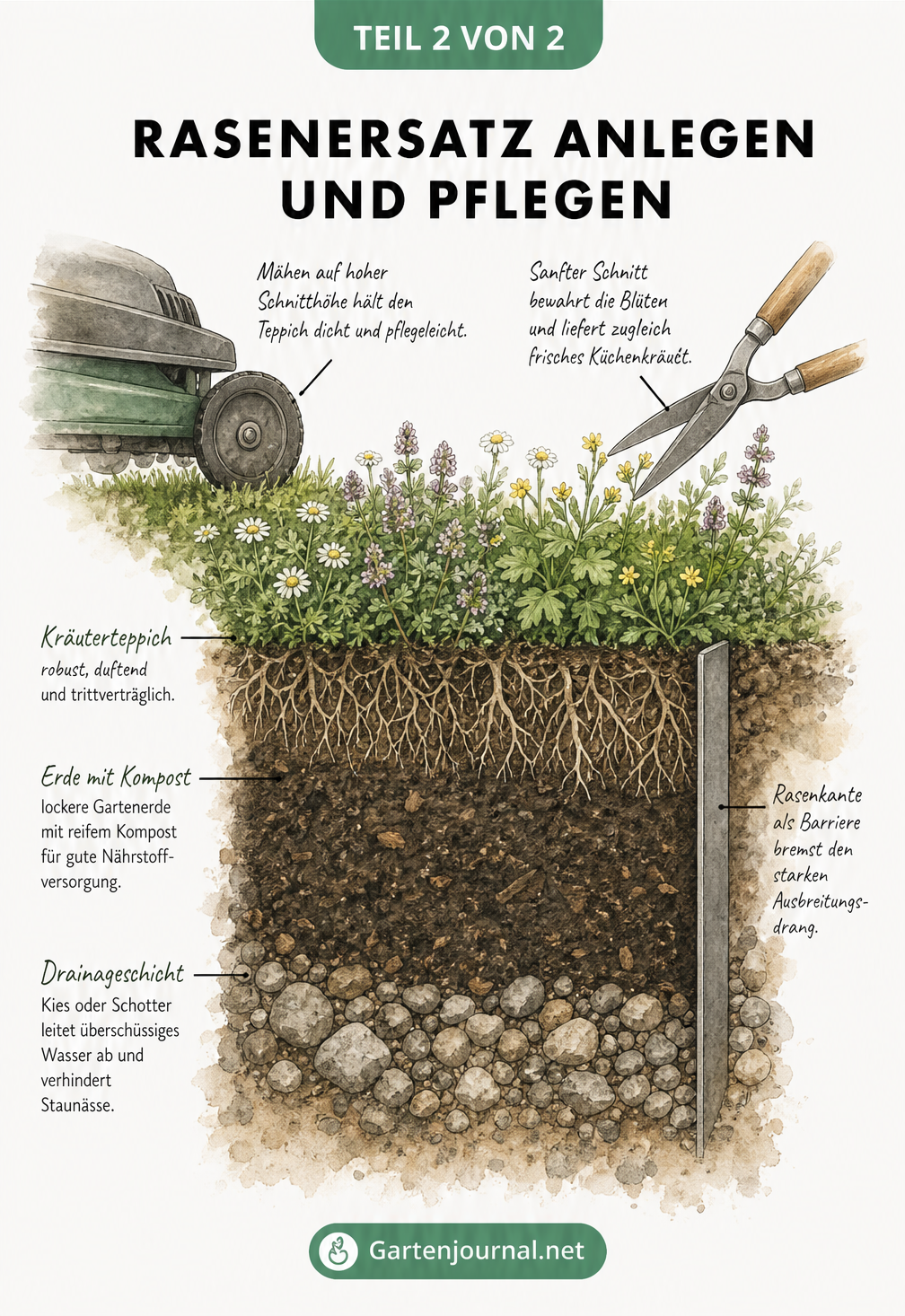 Querschnitt durch ein Gartenbeet mit Rasenersatz, der Drainage, Komposterde, Rasenkante und den Rückschnitt mit einer Gartenschere zeigt.