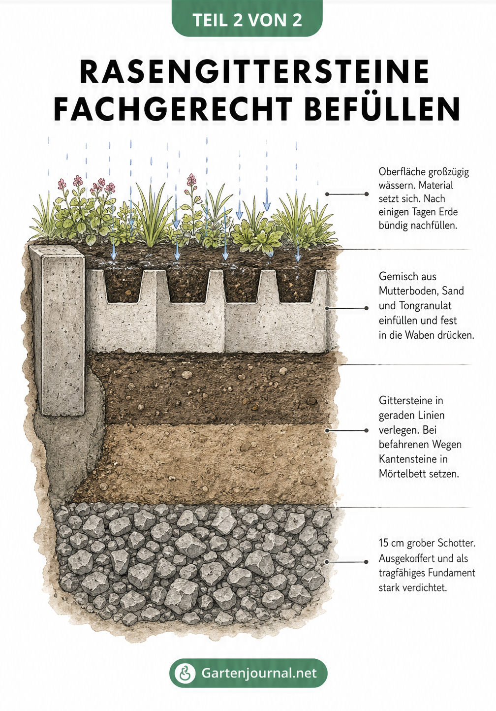 Schnittzeichnung durch den Boden, die den fachgerechten Aufbau und die Befüllung von Rasengittersteinen in vier Schichten zeigt.