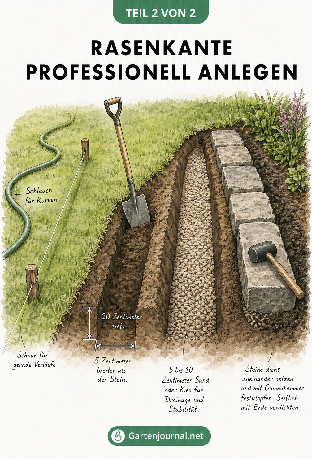 Isometrische Illustration der vier Bauphasen einer Steinkante: Markieren, Graben ausheben, Kies einfüllen und Steine setzen.