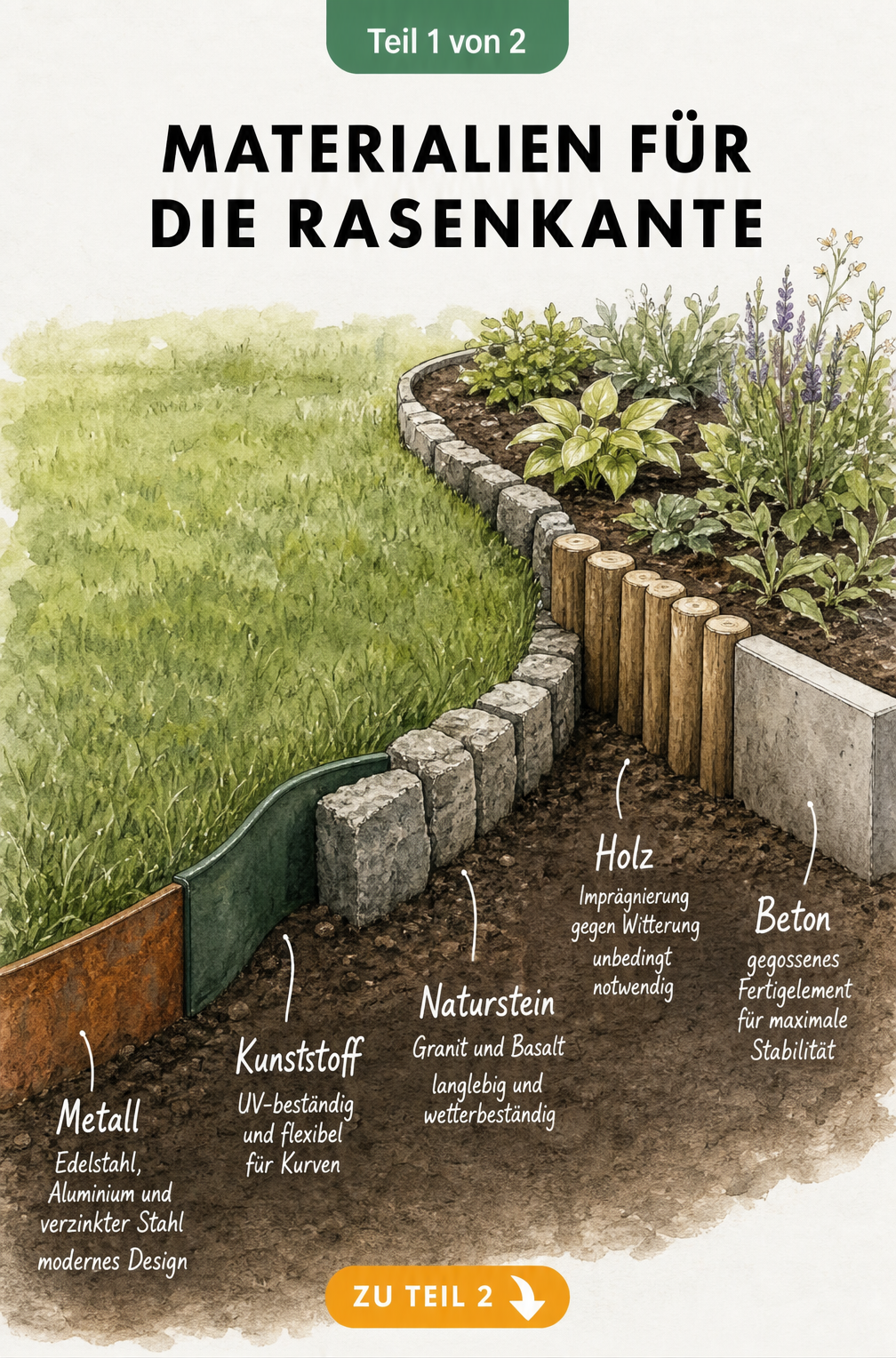 Illustration verschiedener Materialien für Rasenkanten wie Cortenstahl, Kunststoff, Naturstein, Holz und Beton
