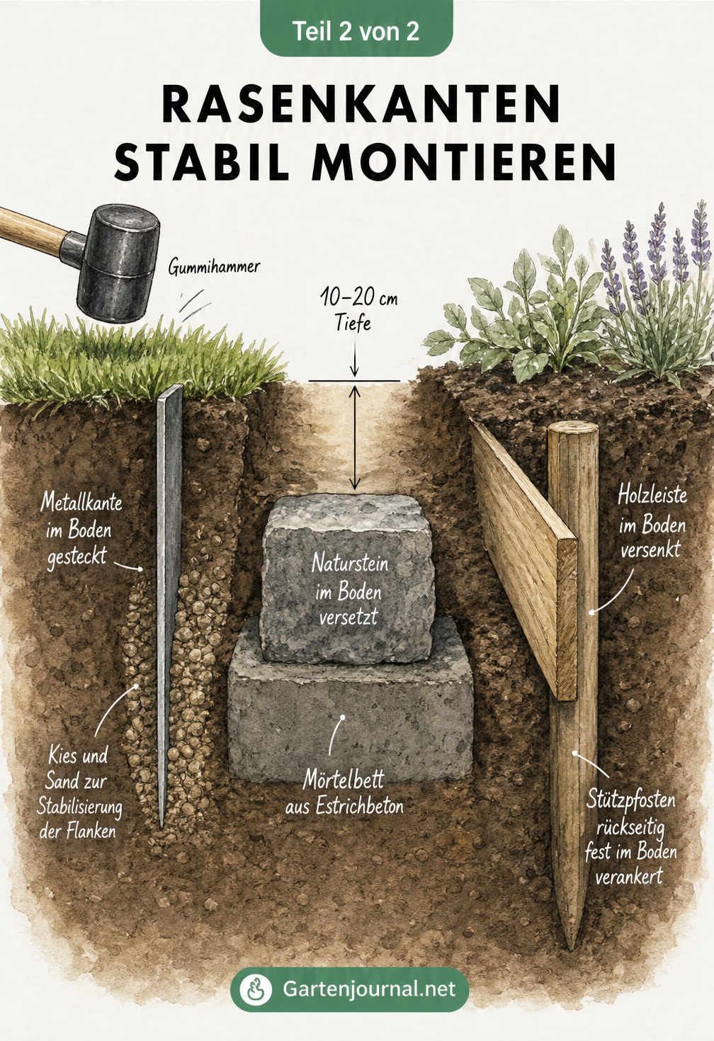 Querschnitt-Zeichnung zur Montage von Rasenkanten mit Metallkante, Naturstein im Mörtelbett und Holzleiste mit Stützpfosten