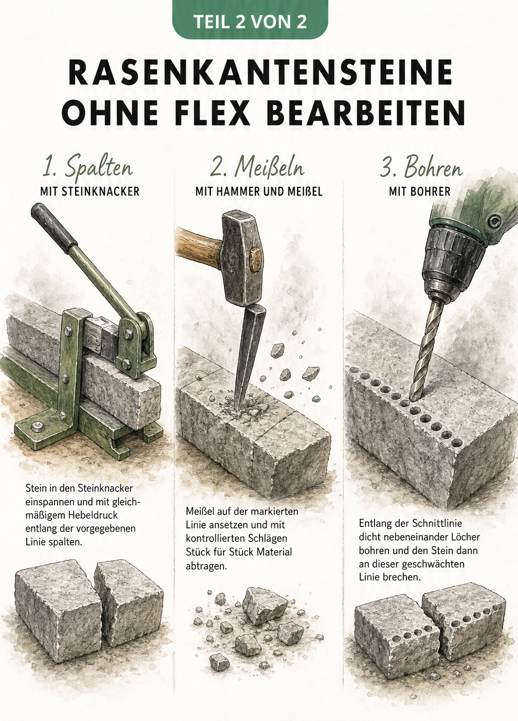 Drei manuelle Methoden zur Bearbeitung von Rasenkantensteinen: Steinknacker, Hammer mit Meißel und Bohrmaschine.